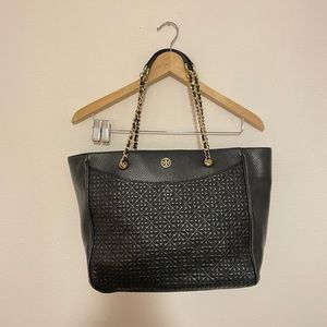 Tory Burch Black Leather Quilted Bryant East West Tote